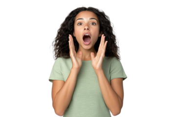 PNG Surprised young woman with open mouth and raised hands