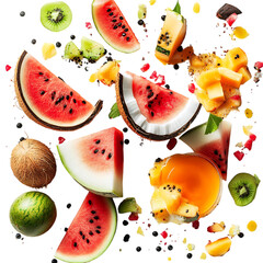 Fresh Coconut Papaya and Watermelon Slices Isolated on Transparent Background