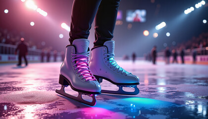Fototapeta premium Sleek neon ice skates glowing on vibrant rink, dynamic excitement