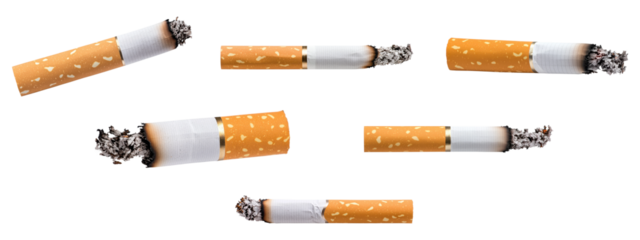 Set of burning cigarettes, isolated on transparent background