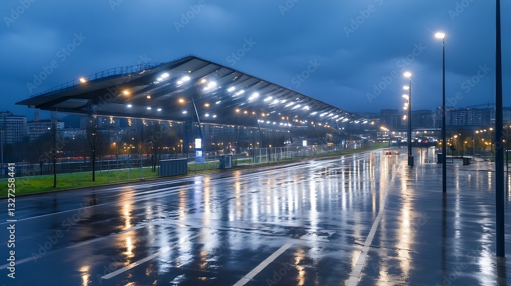 Poster modern transportation station illuminated at night with reflections on wet pavement : generative ai
