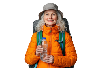 Senior woman in orange jacket holding water bottle and wearing hiking backpack, isolated on transparent background