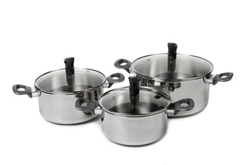 Stainless steel saucepan isolated on white background. Modern saucepan. Kitchen utensils. Cooking pan. Cooking concept. Mockup