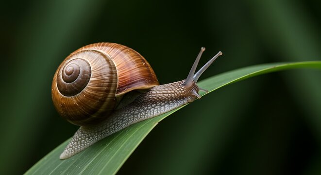 A snail gracefully glides across a vibrant green leaf its shell a spiral of warm browns against a dark background creating a tranquil nature scene perfect for nature documentaries or eco-friendly bran