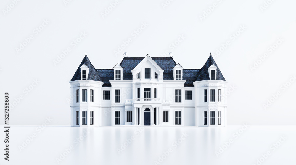 Poster stunning minimalist design of white mansion with elegant architecture, featuring multiple gables and large windows