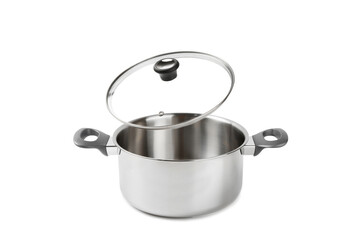 Stainless steel saucepan isolated on white background. Modern saucepan. Kitchen utensils. Cooking pan. Cooking concept. Mockup