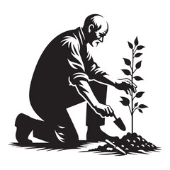 Modest Old Man Gardening silhouette, quietly nurturing his crops - Old Man illustration - Minimalist Old Man vector - Humble grower
