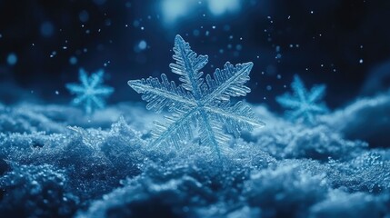 Snowflake detail on snowdrift. Close-up.  Background bokeh. Stock photo