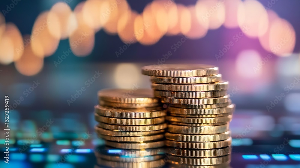 Poster Shiny Stacks of Golden Coins with Elegant Bokeh Background Representing Wealth : Generative AI