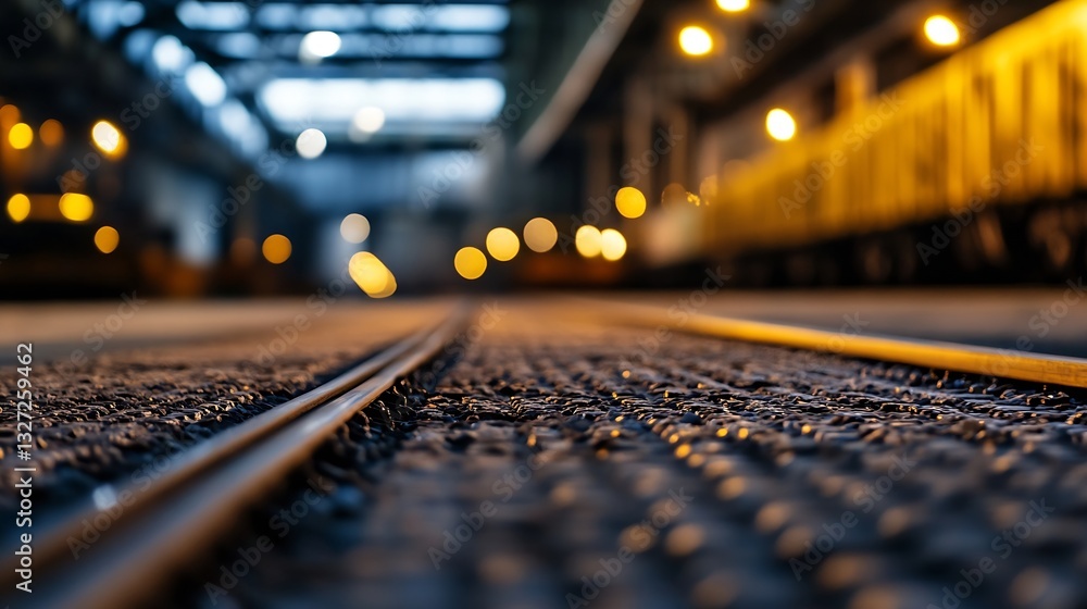 Poster low angle view of railway tracks disappearing into a modern industrial setting with blurred lights :