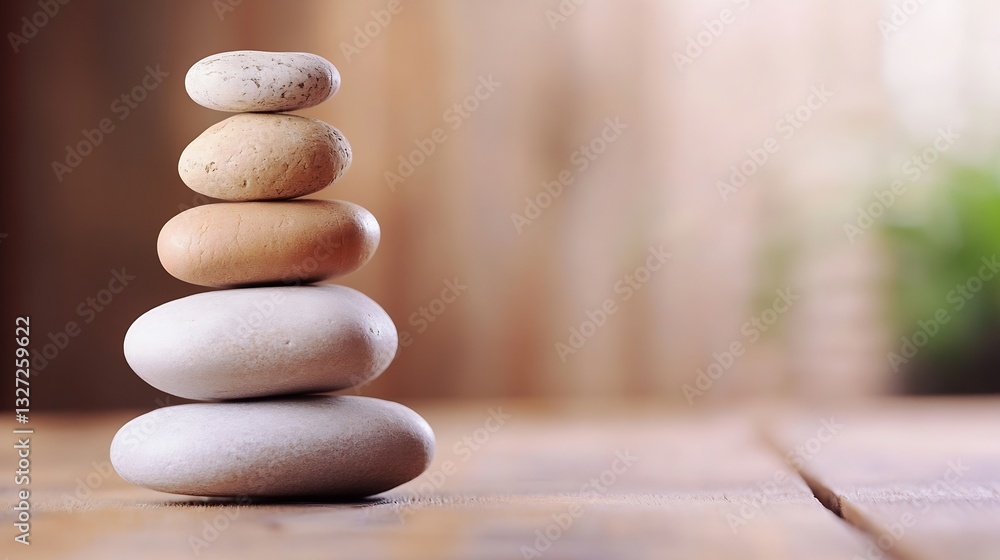 Poster Calming stack of smooth stones symbolizing balance and tranquility arranged on a rustic wooden table : Generative AI