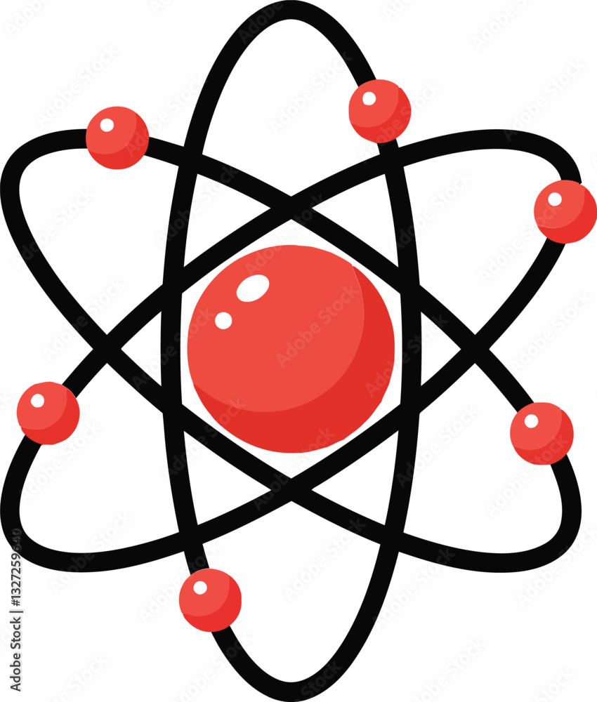 Aufkleber red atom symbol with electron orbits in a flat design style representing science and technology as v