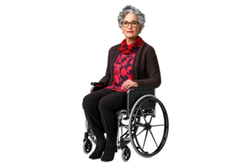 Senior woman sitting in wheelchair, isolated on transparent background