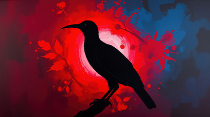 Fototapeta premium Exotic Bird Oil Painting - Dramatic Black Raven Silhouette Against Intense Red-Blue Backdrop With Leaf Motifs.