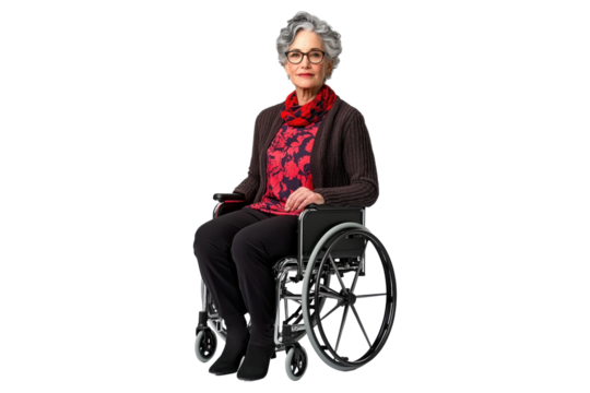 Senior woman sitting in wheelchair, isolated on transparent background - Powered by Adobe