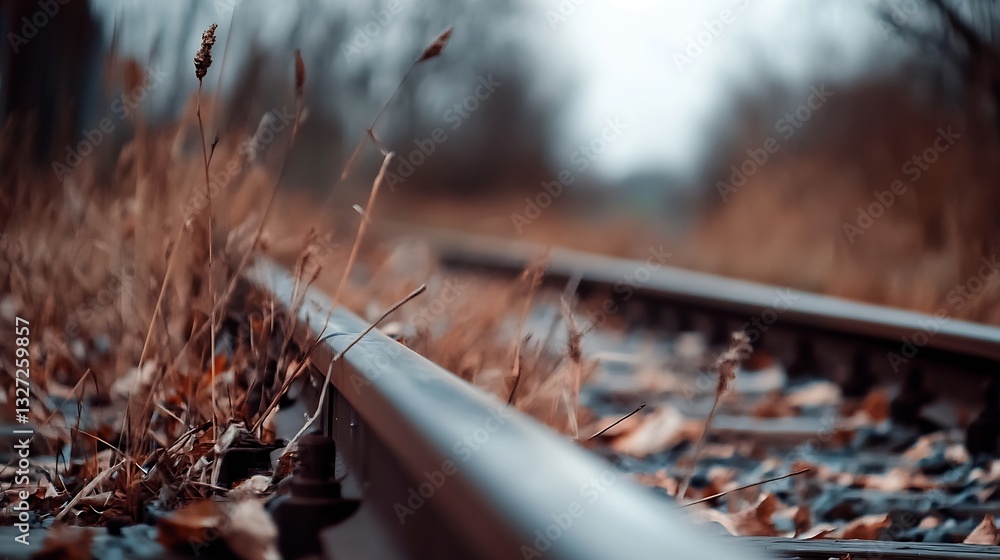 Poster Railway Tracks Surrounded by Grass and Nature in a Serene Setting : Generative AI
