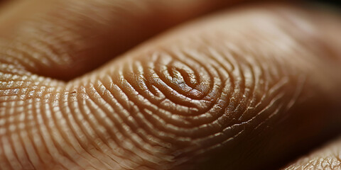 Macro close-up of human fingerprint with intricate patterns on skin, Detailed close-up of fingerprint ridges highlighting personal identity
