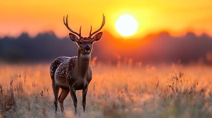 Majestic deer standing in a golden field at sunset creating a breathtaking wildlife scene : Generative AI
