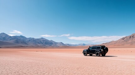 Adventureready black SUV driving across a vast dry desert landscape with distant mountains in sight : Generative AI