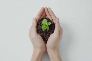 Hand holding a small plant with soil, isolated on a white background.
