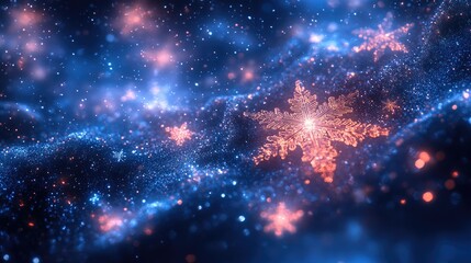 Naklejka premium Abstract snowflake digital art, glowing particles, cosmic background