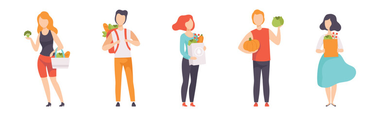 People Buy Fresh Market Food and Goods Carry Bag Vector Set