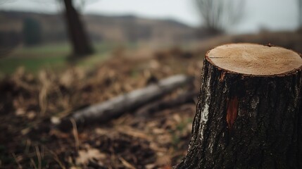 Fototapeta premium Closeup view of a freshly cut tree stump surrounded by earthy forest floor : Generative AI