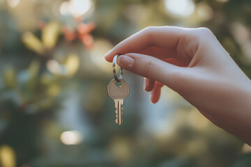 Hand holding house keys against a blurred real estate background with copy space for text.