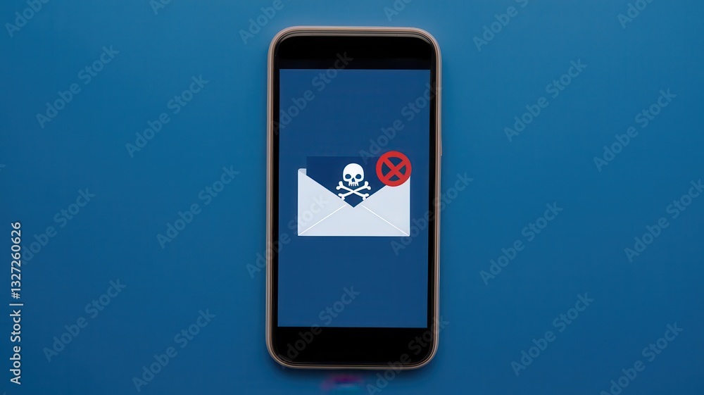 Poster smartphone displaying a skull and crossbones on an email, symbolizing a phishing email alert.