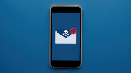 Smartphone displaying a skull and crossbones on an email, symbolizing a phishing email alert.