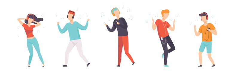 People Wearing Earphones Listening to Music and Dancing Vector Set