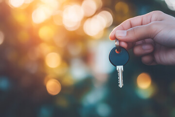 Hand holding house keys against a blurred real estate background with copy space for text.