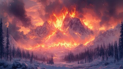 Fiery Mountain Sunrise Landscape; Snow-Covered Forest; Dramatic Sky; Background Mountains ablaze. Possible use Nature, fantasy, or abstract art print