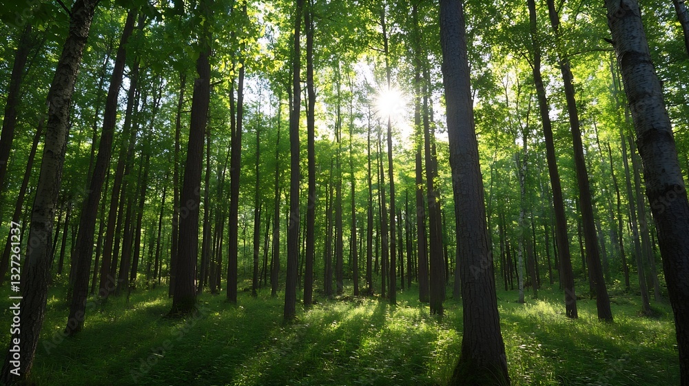 Poster sunlight beams filtering through lush green forest trees on a peaceful day : generative ai