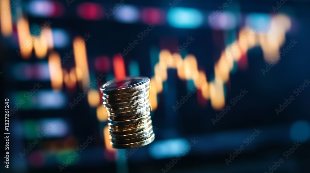 Aufkleber Close up of stacked coins with financial data chart in background depicting investment growth : Generative AI