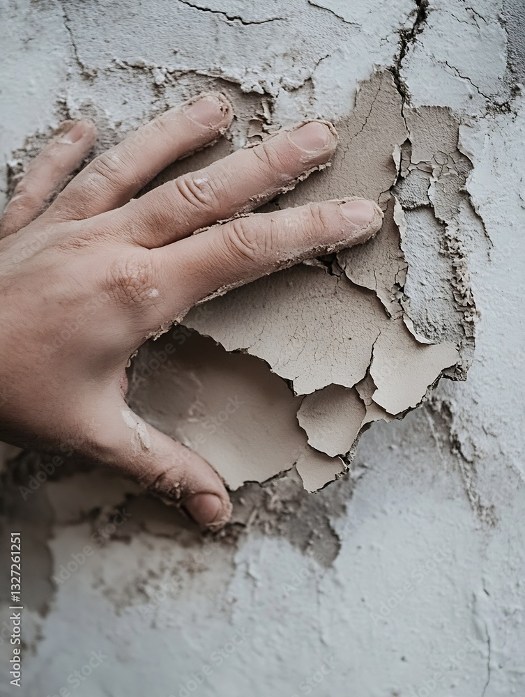 Aufkleber close up of a hand pressing against peeling plaster showing texture and detail of the wall material 