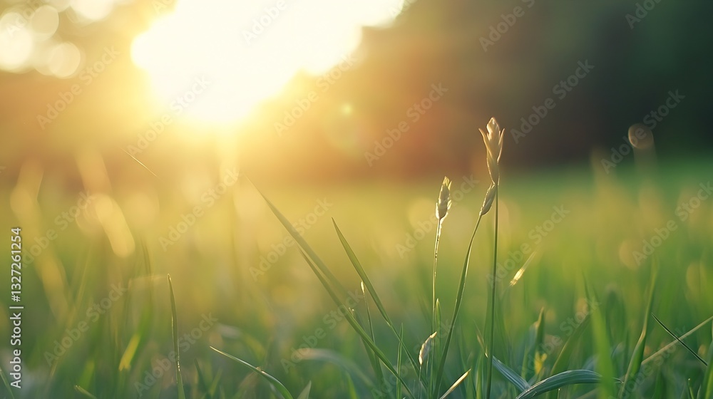 Poster golden hour sunlight illuminating the grass and blades in a natural setting creating a warm ambience