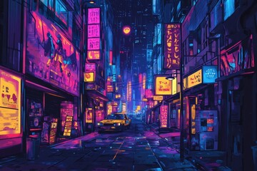 A neon lit urban street scene with a yellow taxi at night