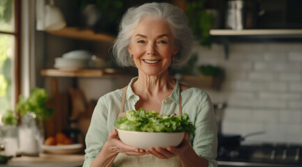 Happy senior woman with grey hair smiling and holding a fresh salad bowl in the kitchen at home,