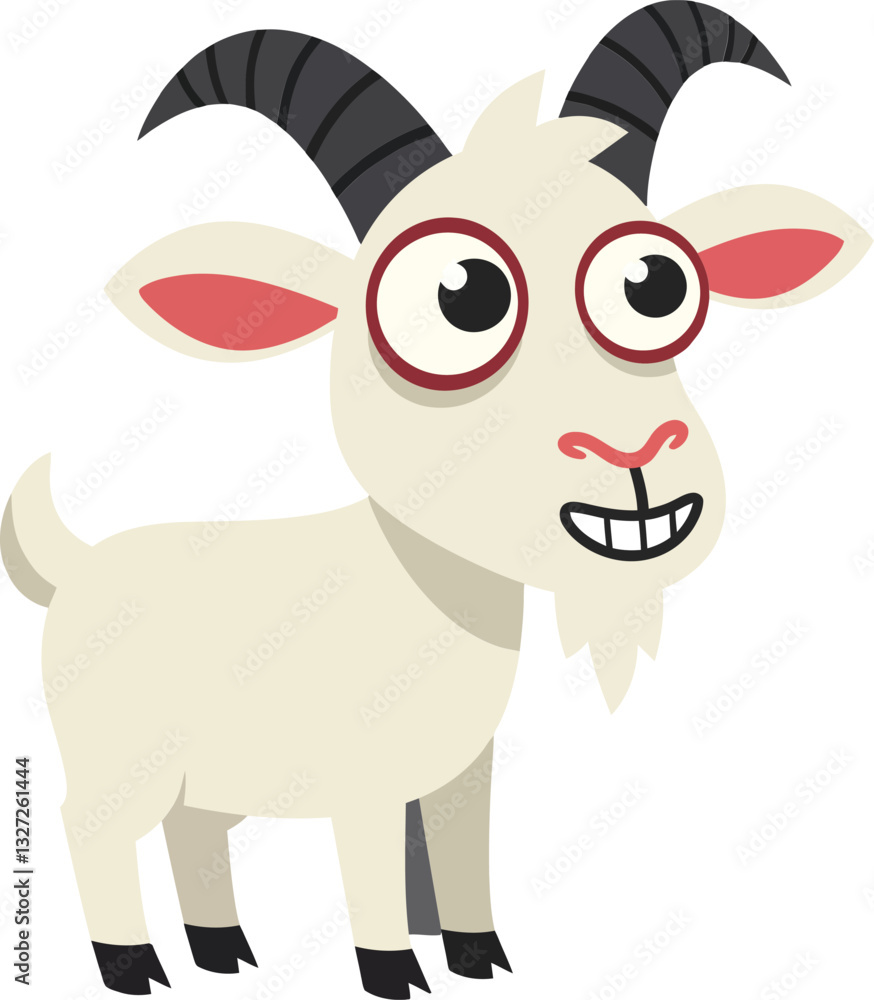 Poster playful cartoon goat with exaggerated features in a colorful flat design style showcasing joy and li