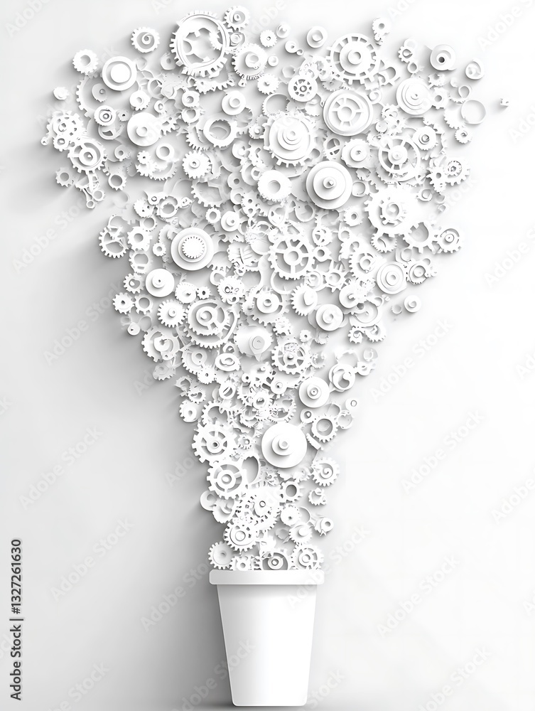 Aufkleber a container overflowing with conceptual gears and cogs on white background