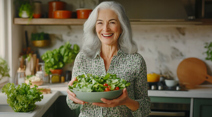 Happy senior woman with grey hair smiling and holding a fresh salad bowl in the kitchen at home,