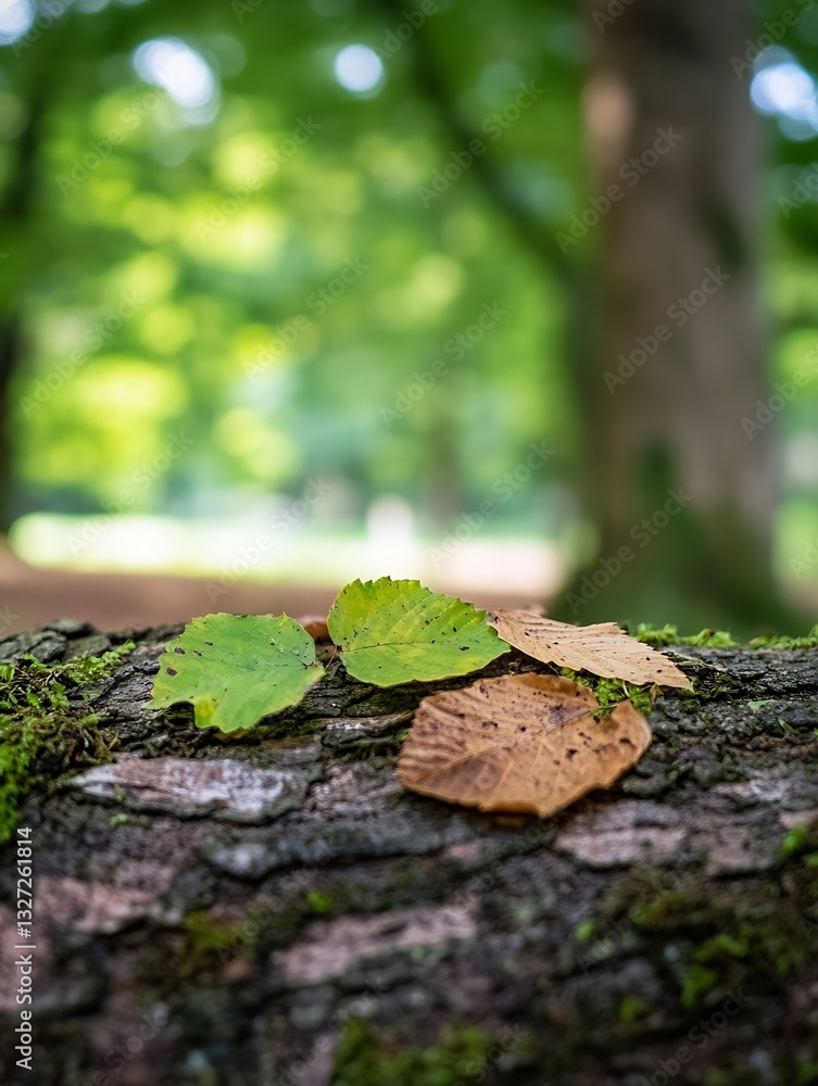 Aufkleber close view of lush green leaves resting on a mossy tree trunk in a serene outdoor setting : generati