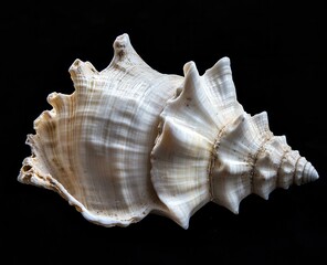 Obraz premium Close-up of a textured white seashell against a dark background, highlighting its spiral structure and natural beauty.
