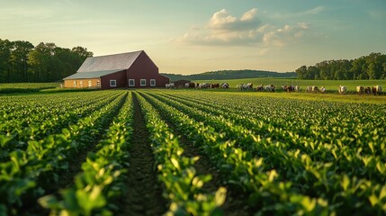 Rural Farmland at Sunset with Red Barn and Livestock