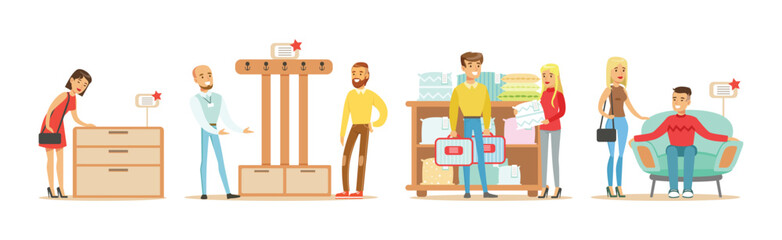 People in Furniture Store Choose Interior Elements Vector Set