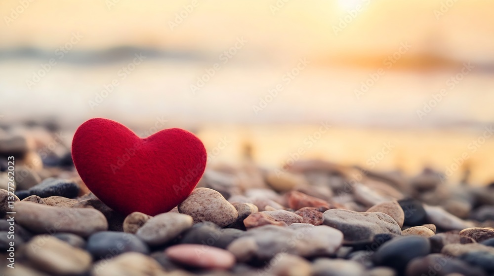 Poster soft red heart on pebble beach capturing moments of love and affection in nature : generative ai