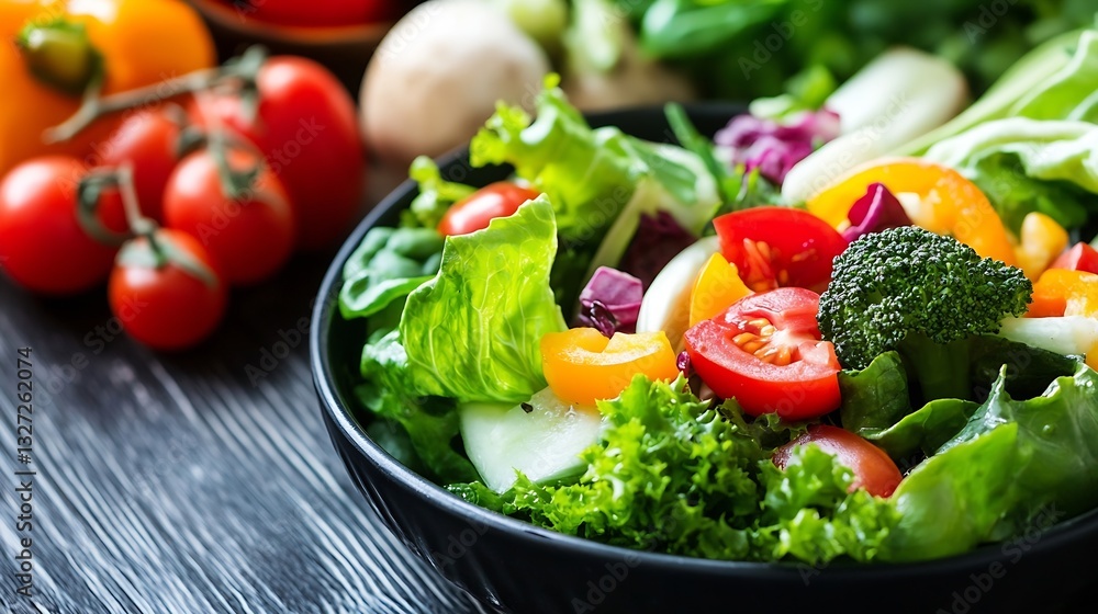 Poster vibrant and fresh salad bowl filled with colorful vegetables displayed on a wooden table : generativ