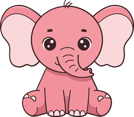 Naklejka premium Cute pink elephant character sitting playfully with oversized ears and a cheerful expression in a minimal flat design vector illustration
