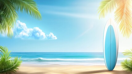 Tropical Beach Scene with Surfboard (2)